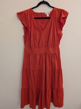 London Times Tiered Flutter Sleeve Dress | Size 12 | Coral/Orange-Red